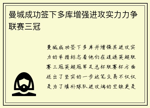 曼城成功签下多库增强进攻实力力争联赛三冠 曼城成功签下多库增强进攻实力力争联赛三冠